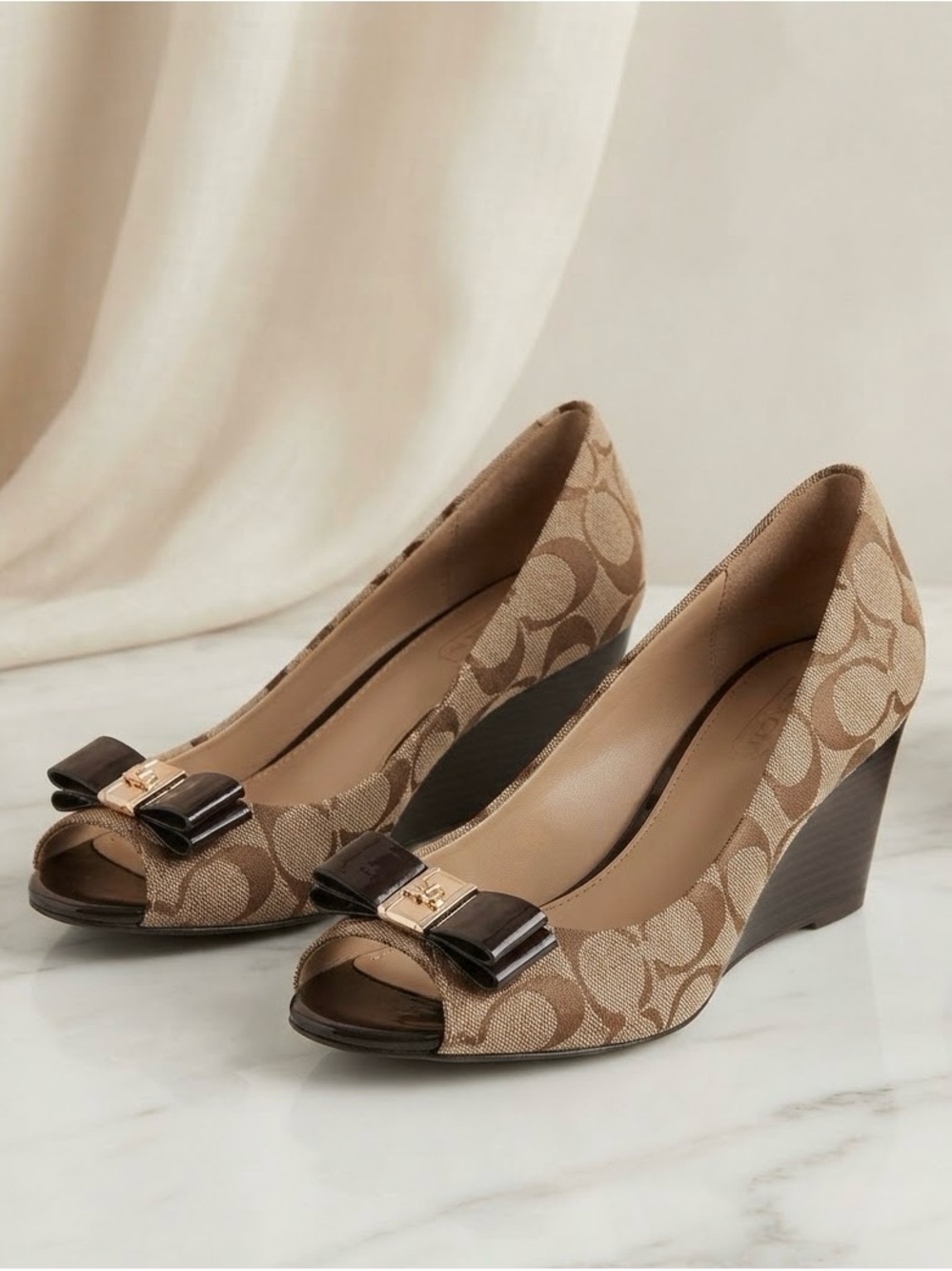 Coach Beige Signature Canvas Peep-Toe Wedges with Bow Accent Size 9